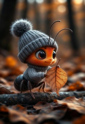 Cute ant wearing a sweater holds a leaf in the forest