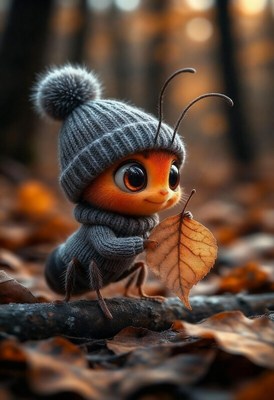Cute ant wearing a sweater collects leaves in autumn forest