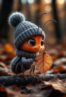 Cute insect character wearing a knitted hat in autumn