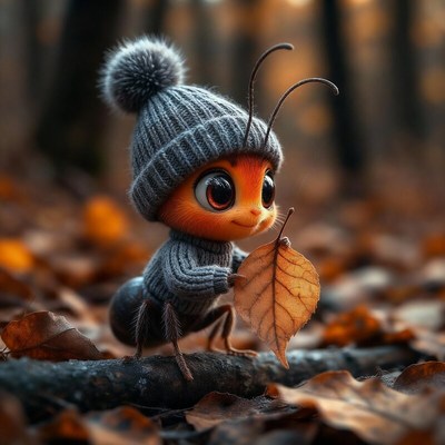 Cute little ant wearing a sweater in a forest setting