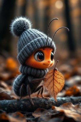 Cute bug in a cozy hat collecting leaves in autumn