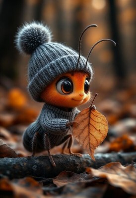 Cute insect character exploring autumn forest landscape