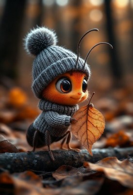 Cute ant wearing sweater holds leaf in forest setting