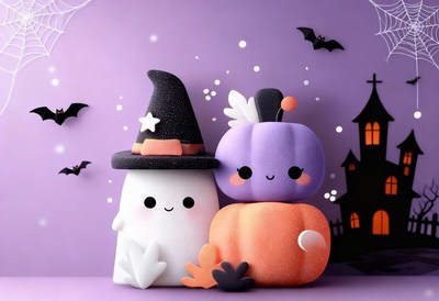 Cute halloween decorations with adorable ghost and pumpkin