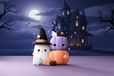 Cute halloween characters at a spooky house under moonlight