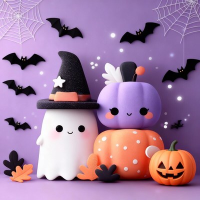 Cute halloween decorations with ghosts and pumpkins