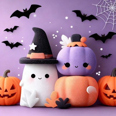 Cute halloween decorations with pumpkins and characters