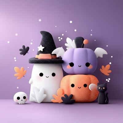 Cute halloween decorations with ghost, pumpkins, and cat