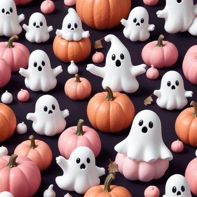 Autumn display of cute ghosts and pumpkins