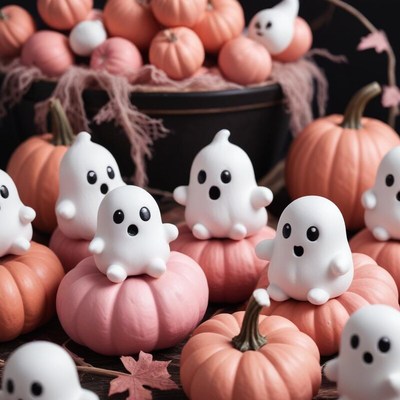 Cute ghosts surrounded by pumpkins in a fall display
