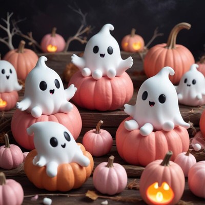 Cute ghost figures sitting on pumpkins for autumn decor