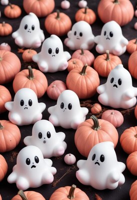 Cute ghosts celebrating autumn around small pumpkins