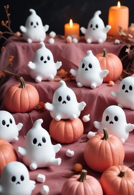 Cute ghosts and pumpkins create a festive autumn scene