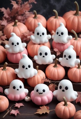 Cute ghost figures and pumpkins in autumn display