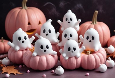 Ghost figurines with pumpkins celebrate halloween!