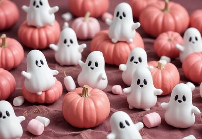Ghost figures play among pink pumpkins for halloween fun