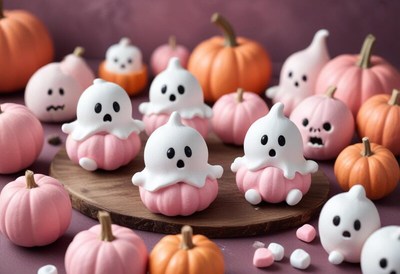 Cute ghost-shaped treats with pumpkins for halloween fun