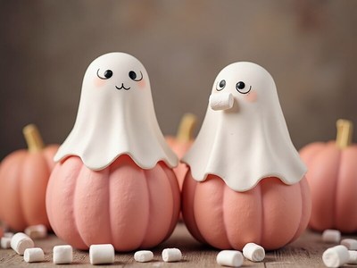 Cute ghost decorations among pumpkins for halloween fun