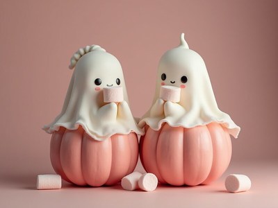 Cute ghost figures enjoying marshmallows in pumpkins