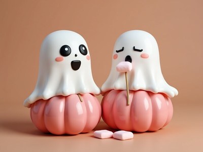 Cute ghosts enjoying candy on pink pumpkins