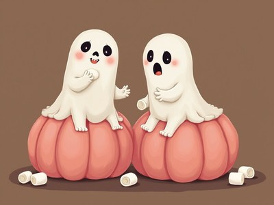 Ghosts play on pumpkins in a cozy halloween scene