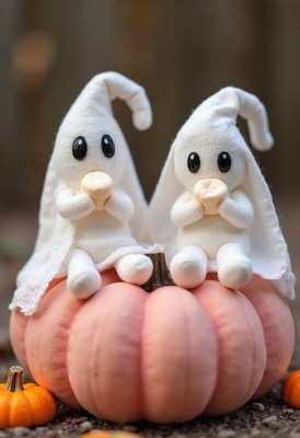 Two cute ghost figures sitting on a pumpkin