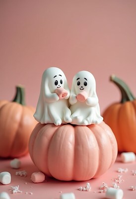 Cute ghost figures enjoying hot cocoa on a pumpkin