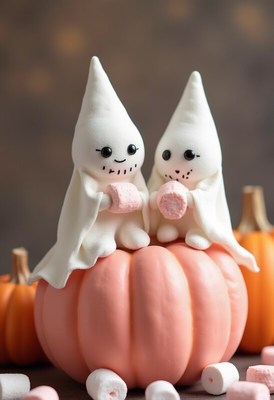 Cute ghost figures with pumpkin at autumn celebration