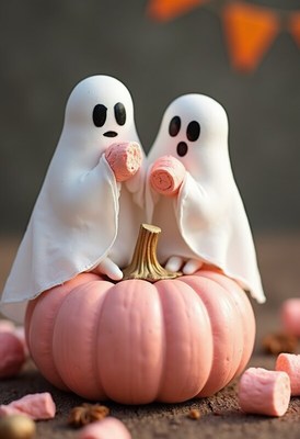 Two cute ghosts enjoying a treat on a pumpkin