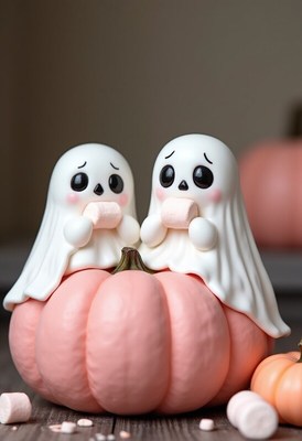 Cute ghost figures sitting on a pink pumpkin decoration
