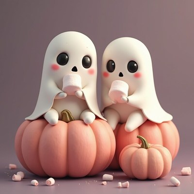 Cute ghosts enjoying hot cocoa in pumpkins