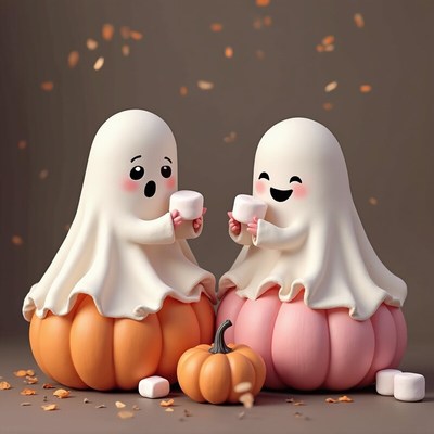 Cute ghosts enjoying treats in pumpkin bowls during fall