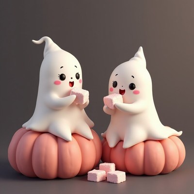 Cute ghosts enjoying sweets on pumpkins in autumn