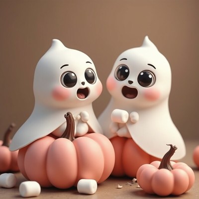 Cute ghosts enjoying pumpkins and marshmallows together