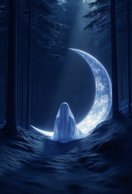 Mystical figure sitting by glowing crescent moon