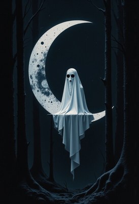 Ghostly figure resting on moon in dark forest scene