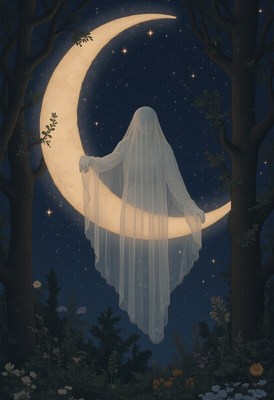 Ghostly figure emerges from the moon in a starry night