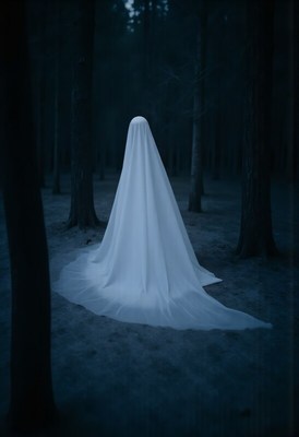 Mysterious figure in a dark forest at twilight