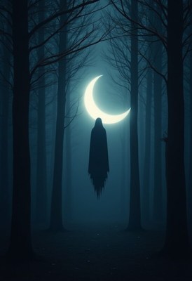 Shadowy figure in a dark forest under a crescent moon