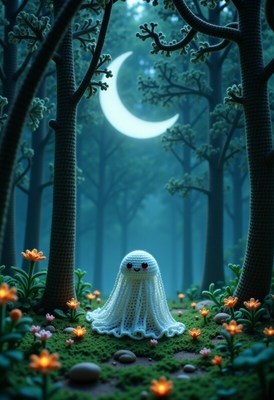 Ghostly figure in a moonlit forest with flowers