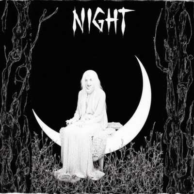 Luminous figure resting on a crescent moon at night