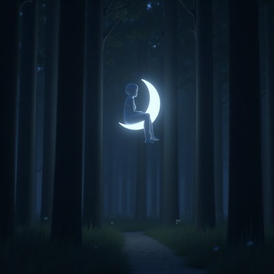Child sitting on glowing moon in dark forest