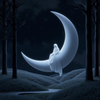 Ghostly figure sitting on a crescent moon at night
