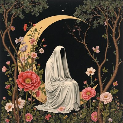 Mystical figure on crescent moon with flowers