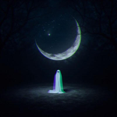 Mystical ghost figure under a crescent moon at night
