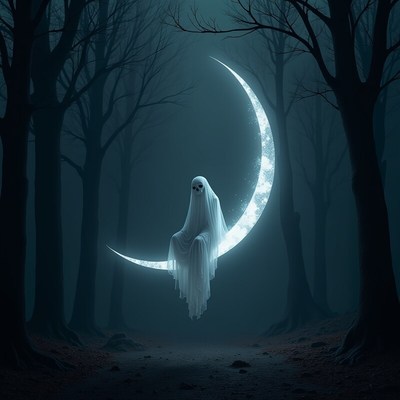 Ghostly figure sits on a glowing moon in dark forest