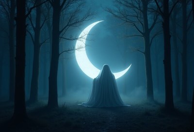Ghostly figure seated under glowing moon in dark forest