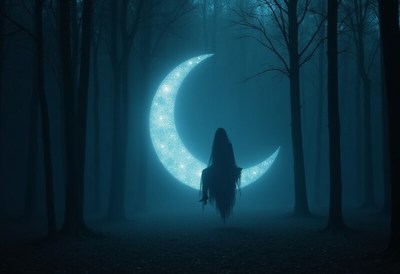 Mysterious figure in forest with glowing crescent moon