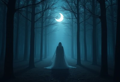Mysterious figure in a foggy forest under a crescent moon
