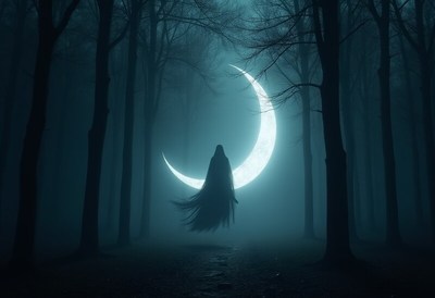 Shadows of the forest under a crescent moon